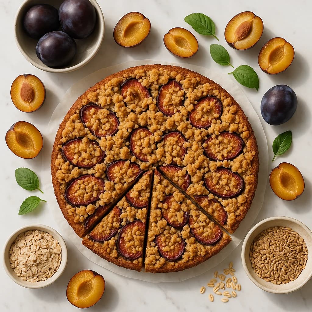 Healthy German Plum Cake Pflaumenkuchen Recipe with Spelt and Oat Streusel
