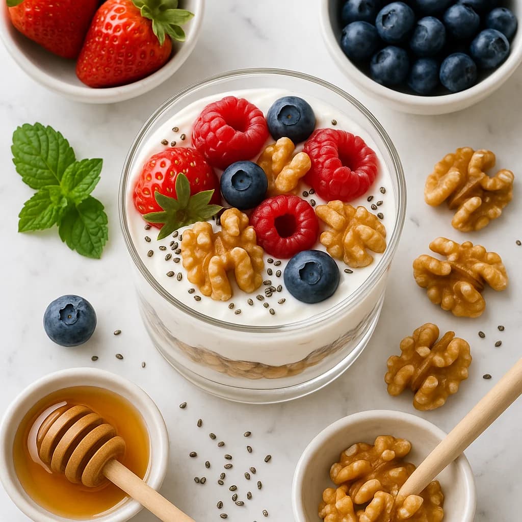 Layered Greek Yogurt Honey Walnut Parfait with Berries and Chia
