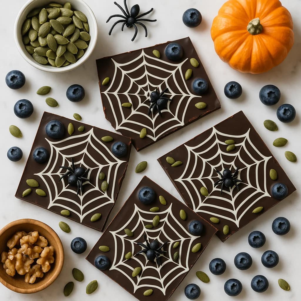 Halloween Dark Chocolate Spider Web Bark Vegan with Spooky & Healthy Treat