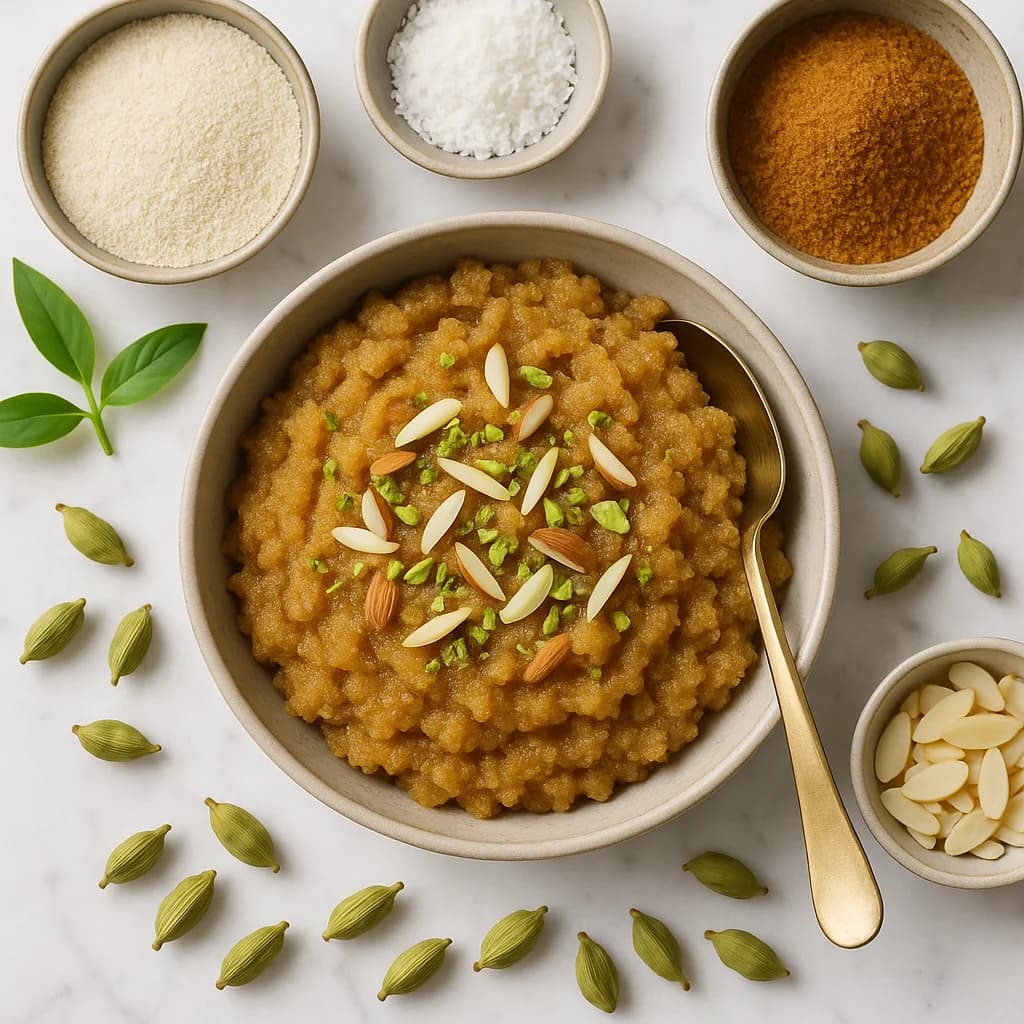Healthy Halwa Indian Semolina Dessert Recipe with Coconut Sugar and Cardamom
