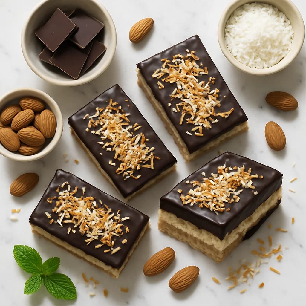 Healthy Almond Joy Bars Homemade with Dark Chocolate and Toasted Coconut