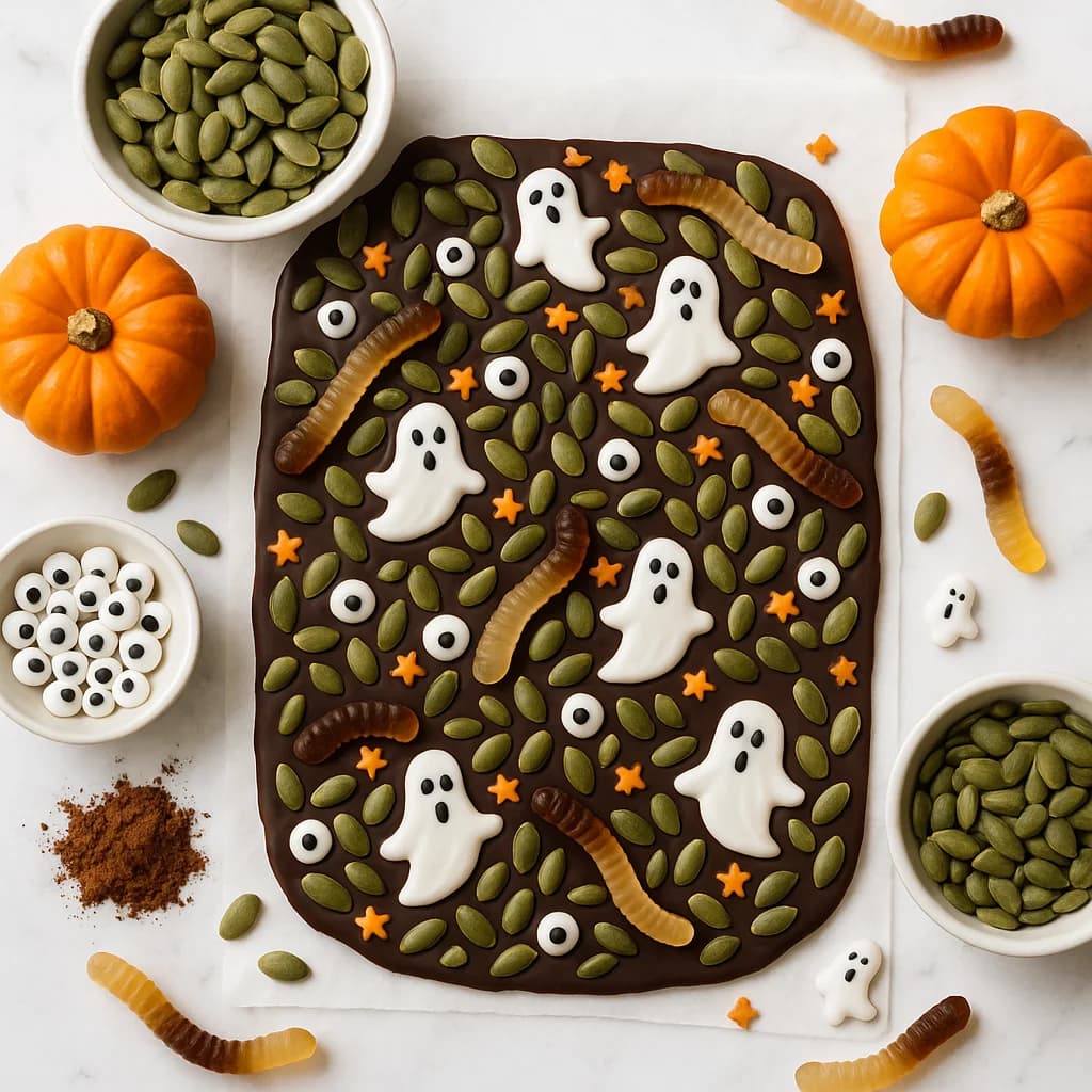 Healthy Halloween Chocolate Bark Low Sugar with Pumpkin Seeds and Spooky Toppings