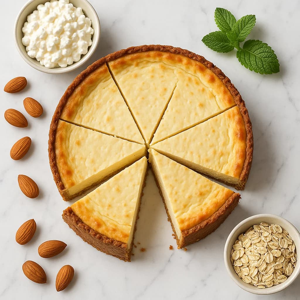 High Protein Cottage Cheese Cheesecake with an Almond Oat Crust