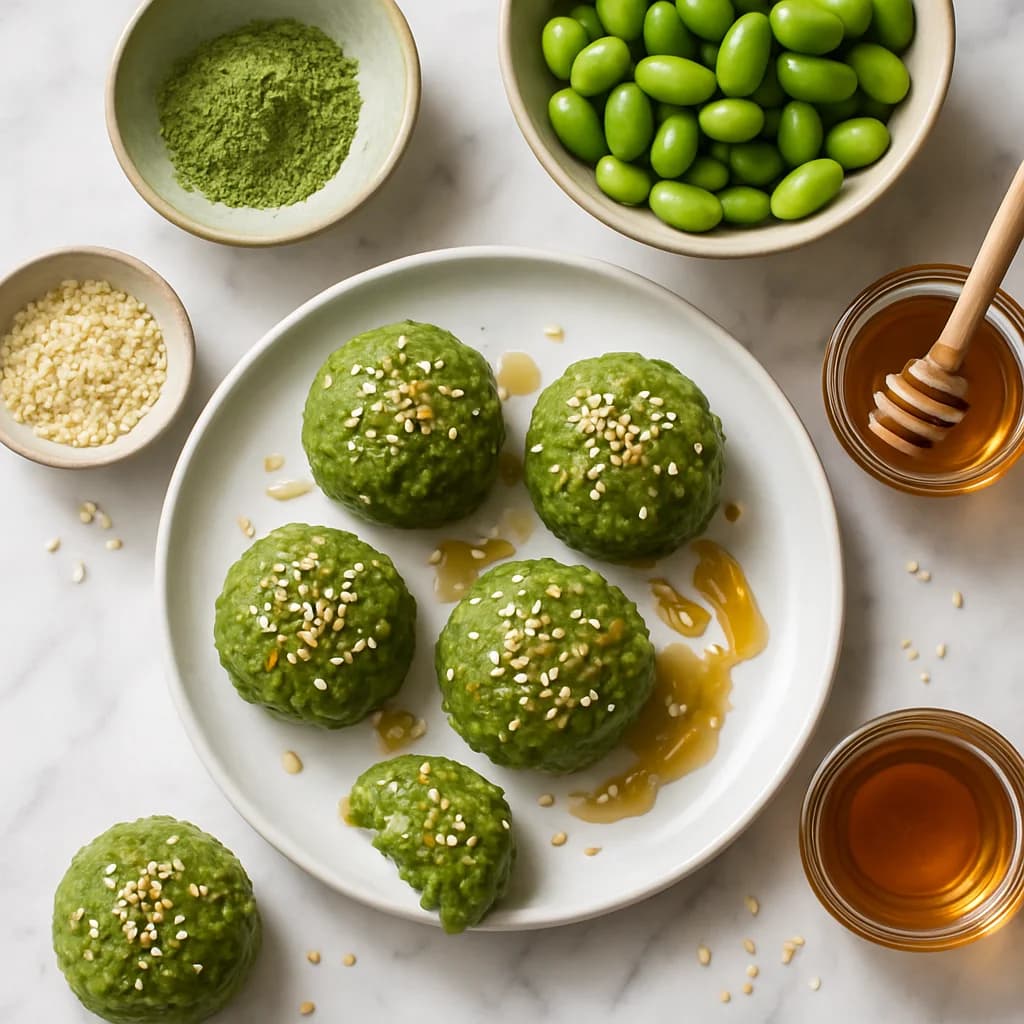 High Protein Edamame Matcha Bites with Honey and Sesame