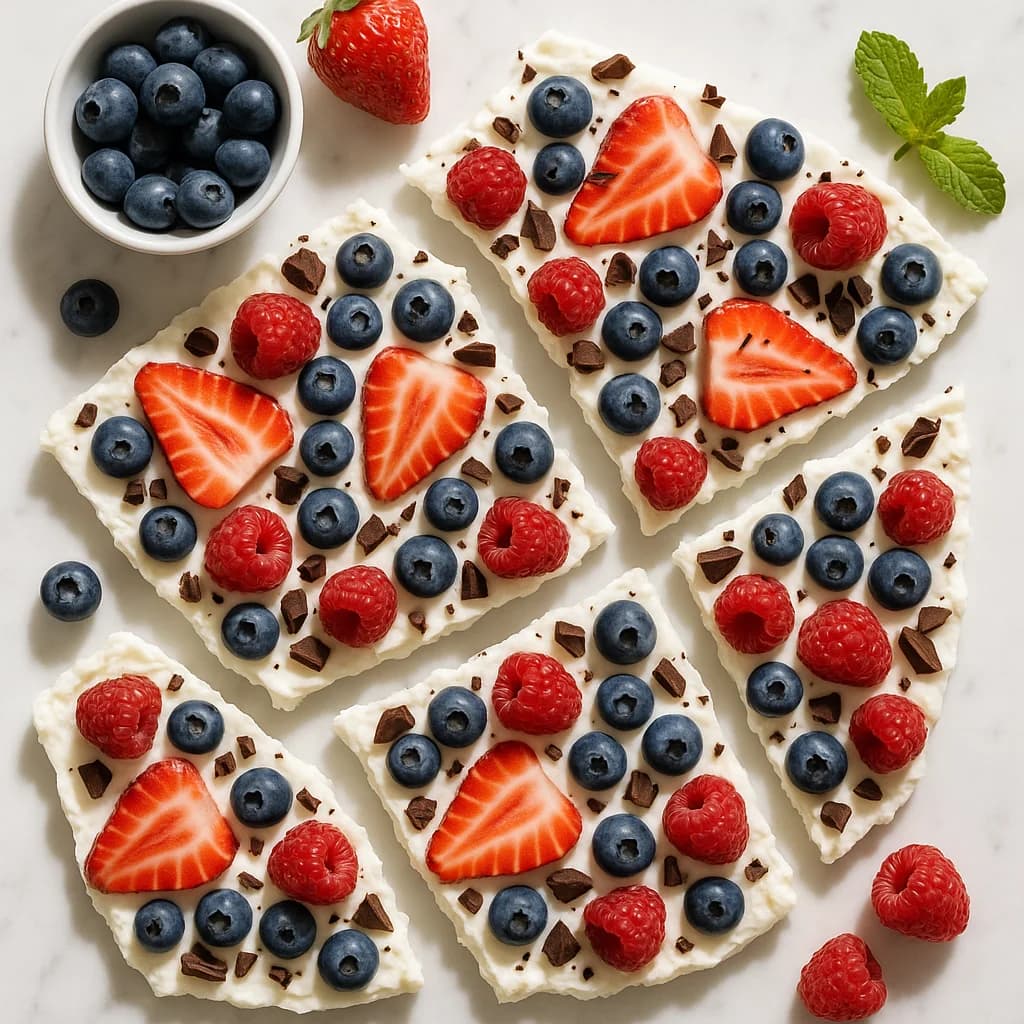 High Protein Greek Yogurt Bark Frozen with Berries and Dark Chocolate