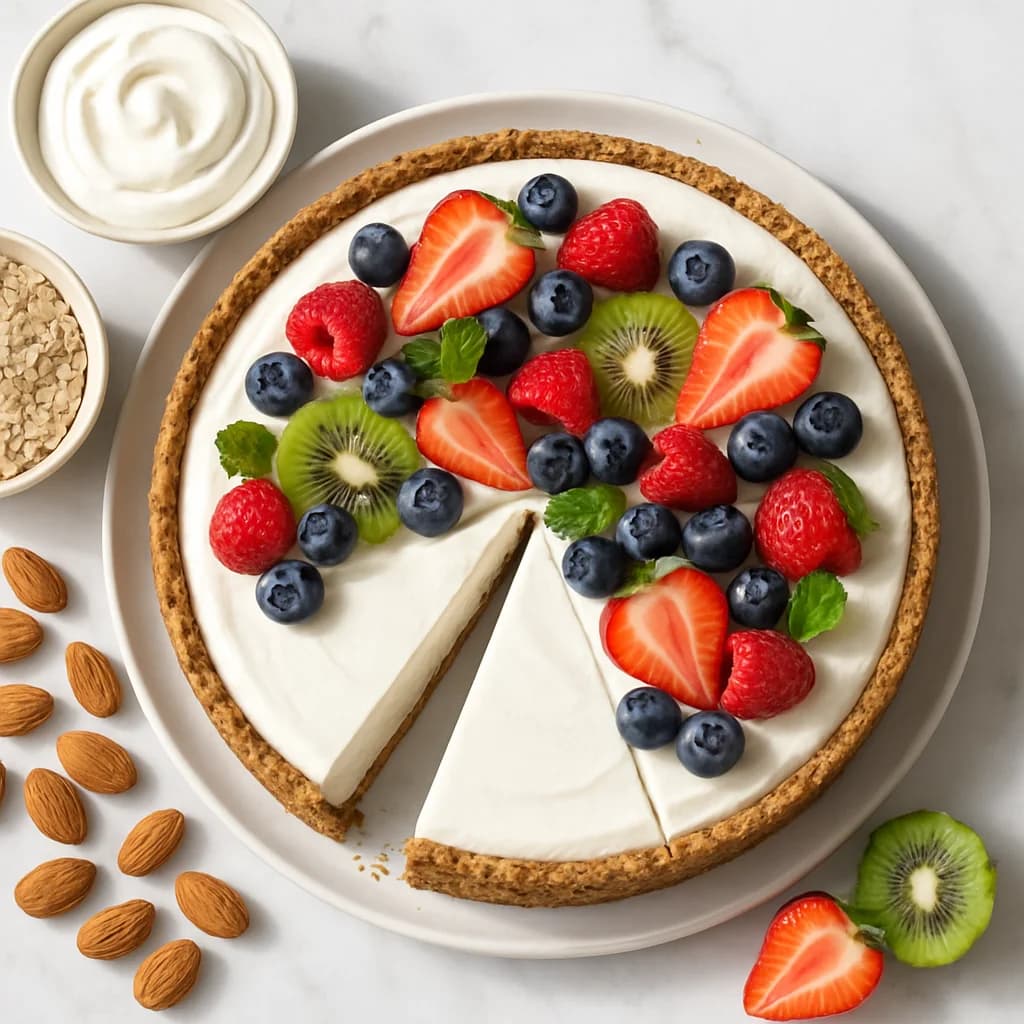 High Protein Greek Yogurt Cheesecake with Almond Oat Crust