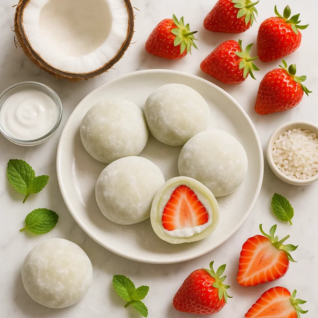 Healthy Japanese Strawberry Daifuku Mochi with Coconut Cream Filling