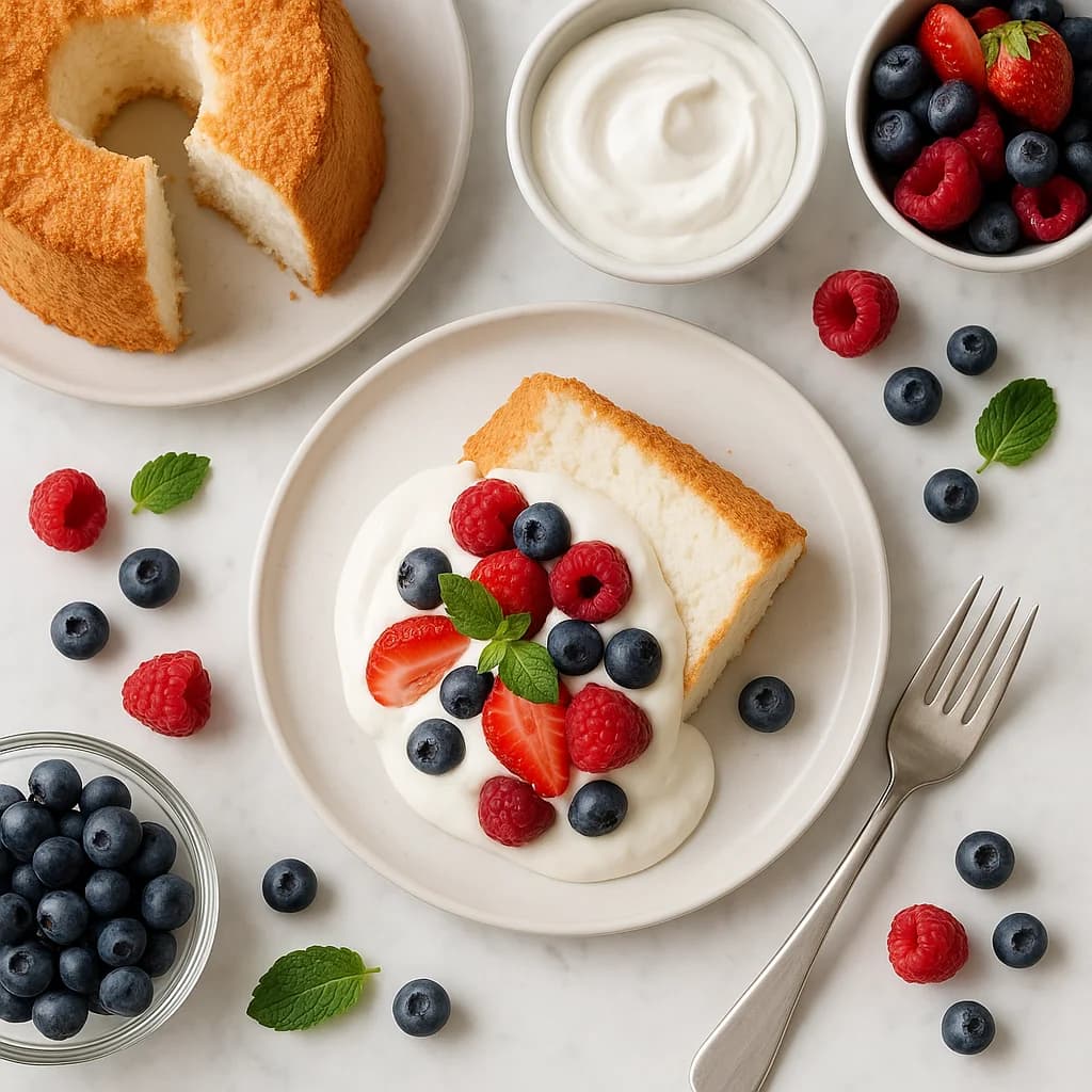 Light Berry Angel Food Cake with Greek Yogurt Cream