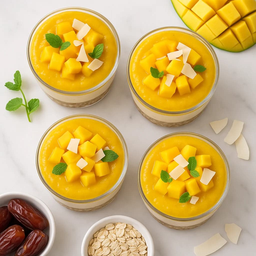 Mango Vanilla Coconut Dessert Cups with a Date-Oat Base
