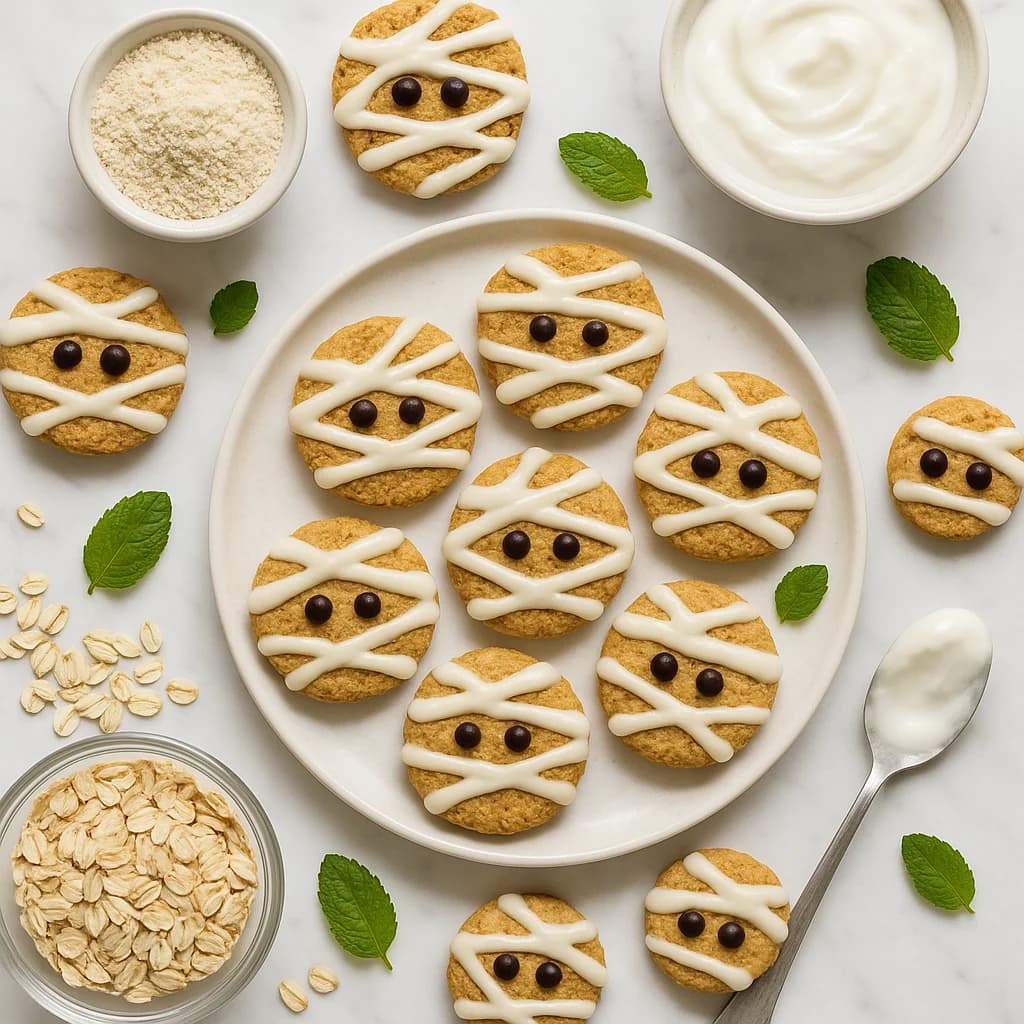 Mummy Cookies Healthy Halloween Treats with Oat Flour and Greek Yogurt Drizzle