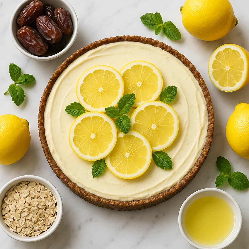 No Bake Vegan Lemon Cheesecake with a Date and Oat Crust