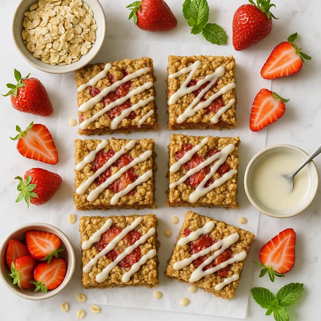 Strawberry Oatmeal Bars with Vanilla Glaze (Healthier Recipe)
