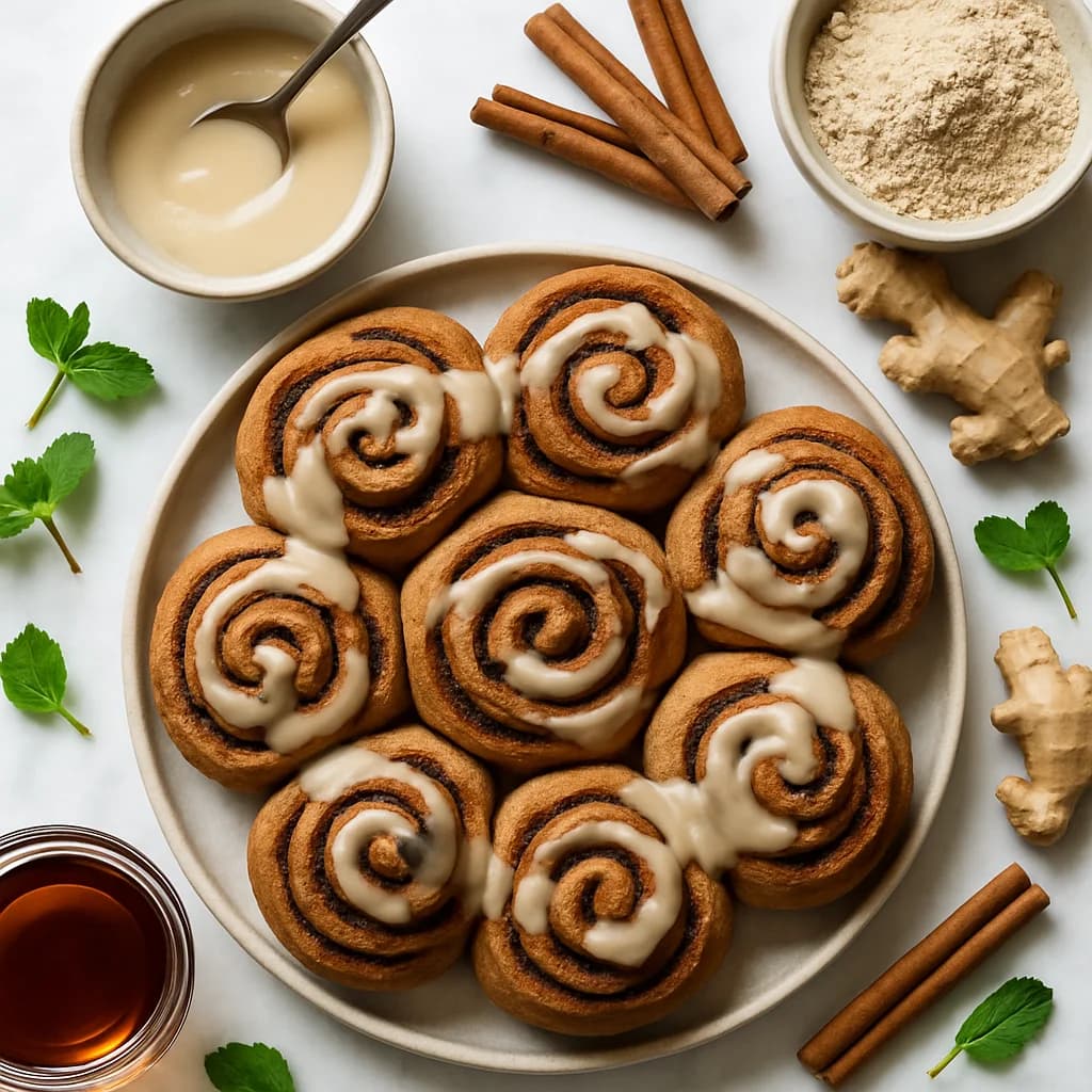 Vegan Gingerbread Cinnamon Rolls with Spelt Flour and Maple Glaze